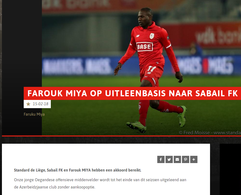 Standard Liege have agreed to send Farouk Miya to Sabail FK