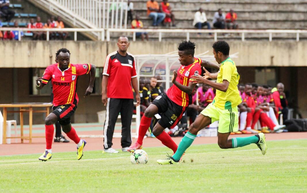 Milton Karisa takes on Sao Tome and Principe defender as Wadada paces forward