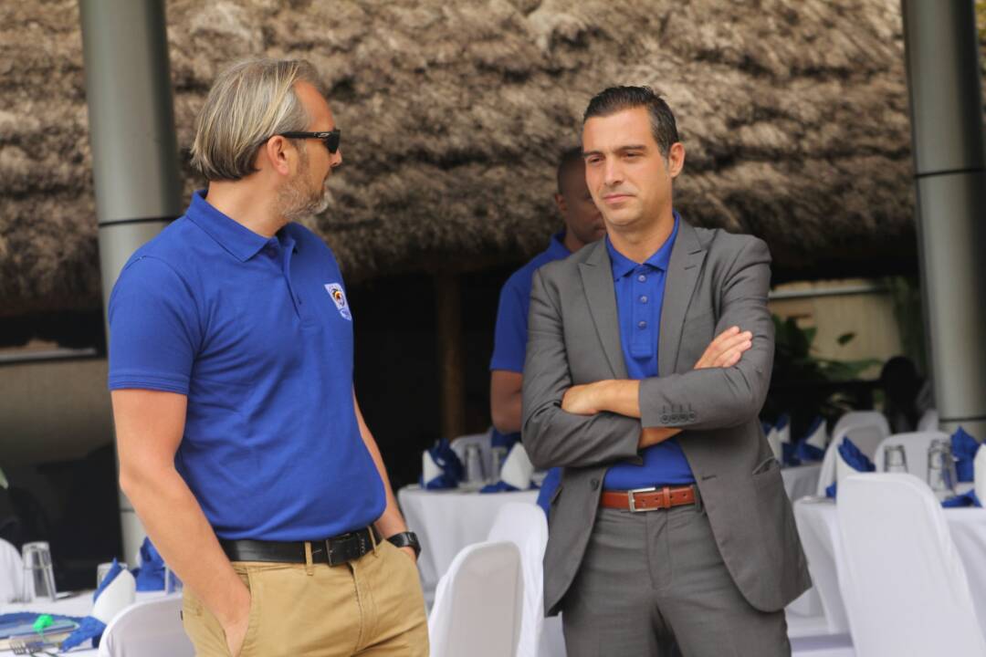 Da Costa (R) seen here with Cranes boss Sebastian Desabre is enjoying good second round with his side SC Vipers