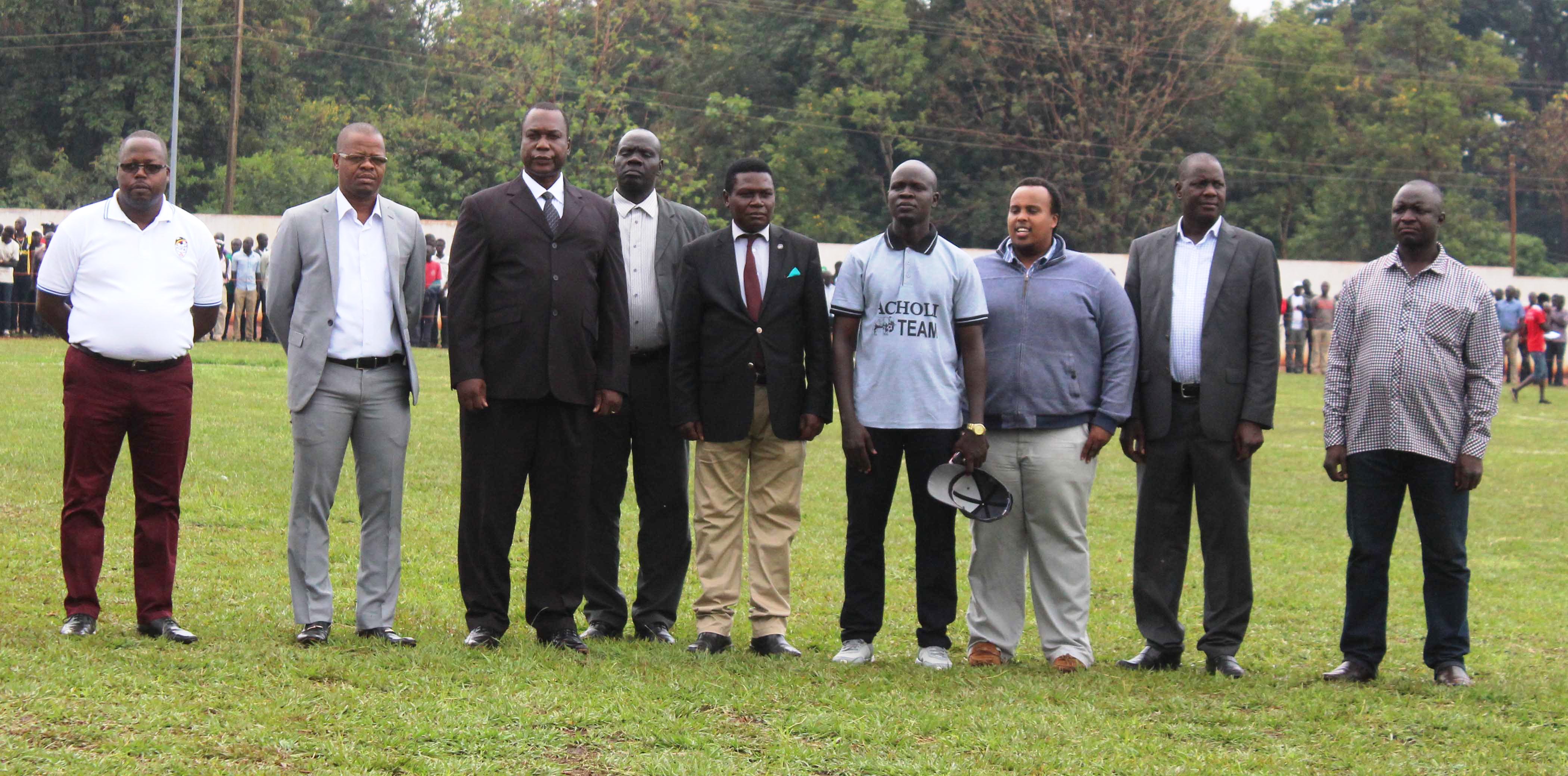 Dignitaries at Pece Stadium included the King of Acholi, Rwot David Onen Acana II (third from left), FUFA President, Eng. Moses Magogo (second left), Rogers Byamukama (extreme left), politican Norbet Mao (with red tie) among others