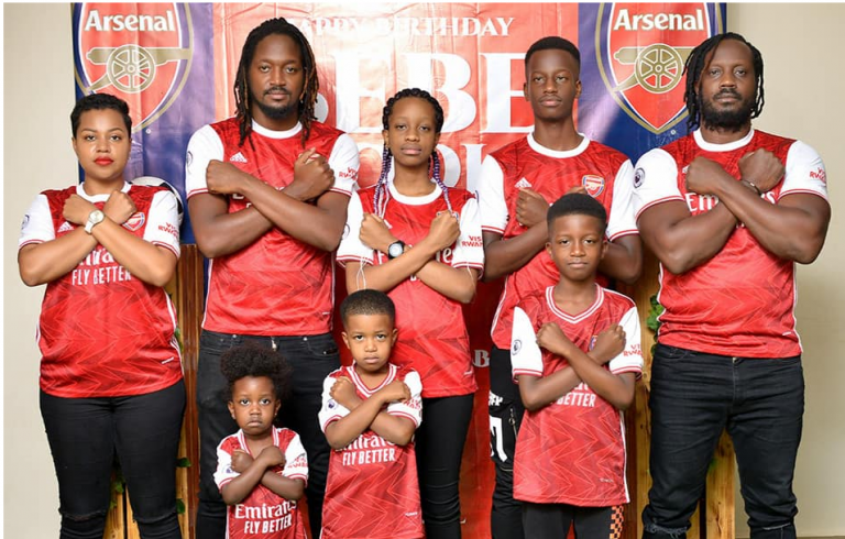 Moment Of Happiness As Big Size Bebe Cool Celebrates 43rd Birthday With Wife And Kids All Pimped Up In Fresh New Arsenal Jerseys Galaxy Fm 100 2